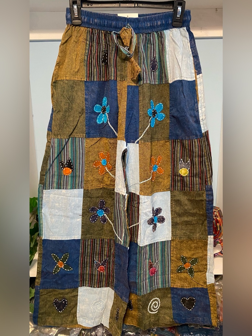 Boho Kantha Patches of Brown & Blue/Beautiful Flowers sewn on Handmade Pants